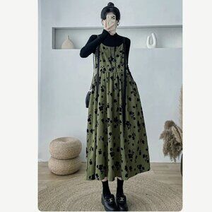 Kuose Velvet Floral Dress Midi Dress Green Black M